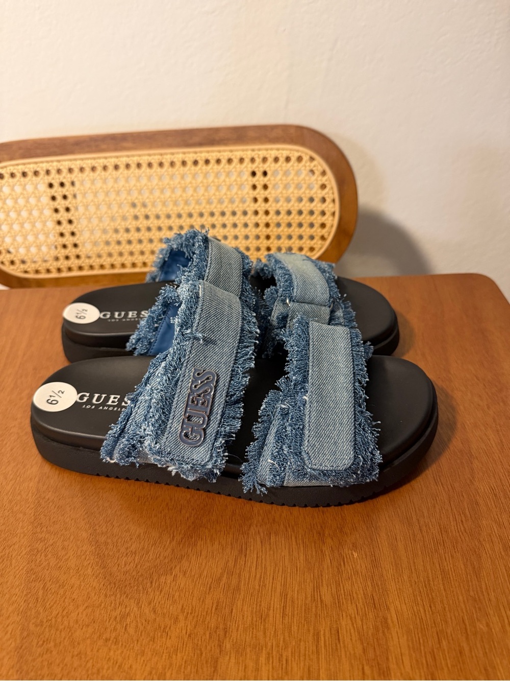 GUESS  Denim Double-Strap Slide Sandals in Blue
